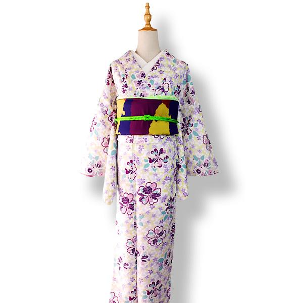 洗える着物 袷着物 単品 レディース きもの R・KIKUCHI ポリエステル 小紋 レトロ 黄緑色 桜 梅 牡丹 笹 もみじ 普段着・お出かけ フリー 新作｜40代 50代 60代