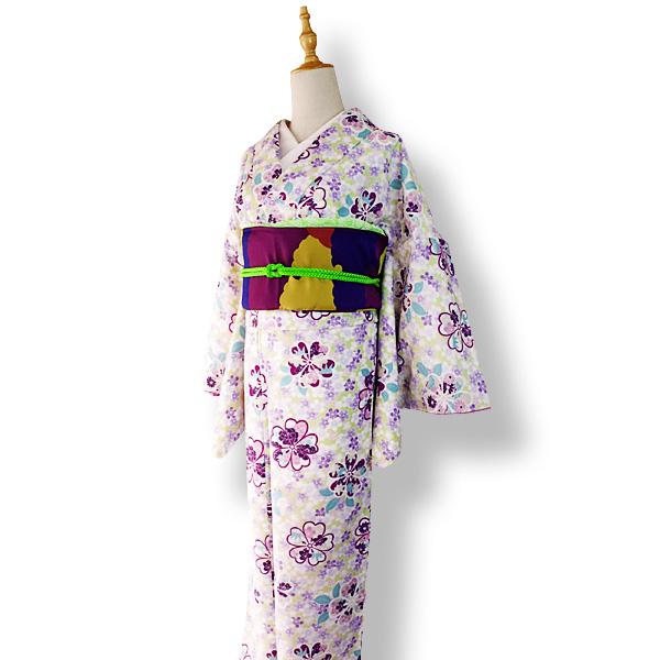 洗える着物 袷着物 単品 レディース きもの R・KIKUCHI ポリエステル 小紋 レトロ 黄緑色 桜 梅 牡丹 笹 もみじ 普段着・お出かけ フリー 新作｜40代 50代 60代