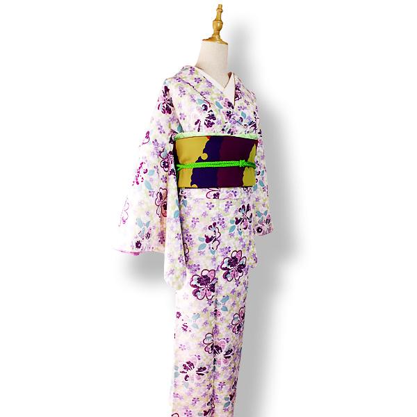 洗える着物 袷着物 単品 レディース きもの R・KIKUCHI ポリエステル 小紋 レトロ 黄緑色 桜 梅 牡丹 笹 もみじ 普段着・お出かけ フリー 新作｜40代 50代 60代
