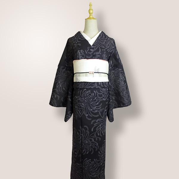 洗える着物 紗着物 単品 レディース 夏着物 小紋 黒色地 糸菊文様