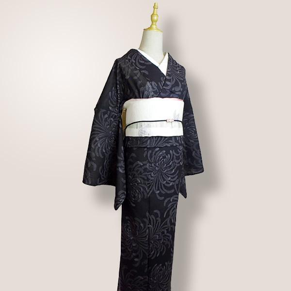 洗える着物 紗着物 単品 レディース 夏着物 小紋 黒色地 糸菊文様