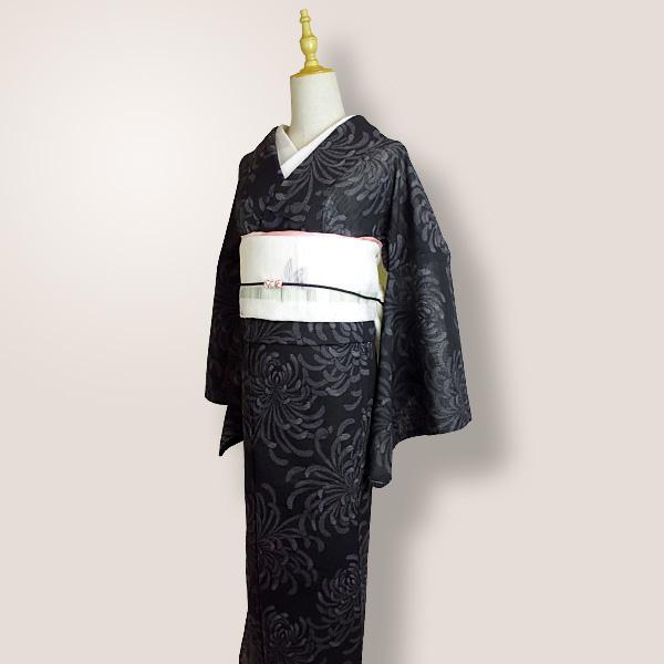 洗える着物 紗着物 単品 レディース 夏着物 小紋 黒色地 糸菊文様