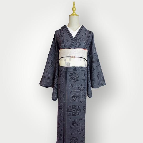 洗える着物 紗着物 単品 レディース 夏着物 小紋 黒 灰色 更紗調文様
