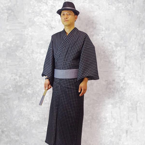 メンズ浴衣 3点セット 浴衣/ワンタッチ角帯/下駄 メンズ 黒色地 格子柄