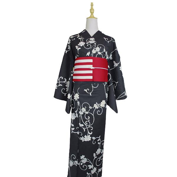 綿 仕立て上り 浴衣 黒地に牡丹柄 帯なし リメイクして洋服にしても 浴衣 セット レディース 2点 レトロ シック 粋 黒色地 古典柄 花柄