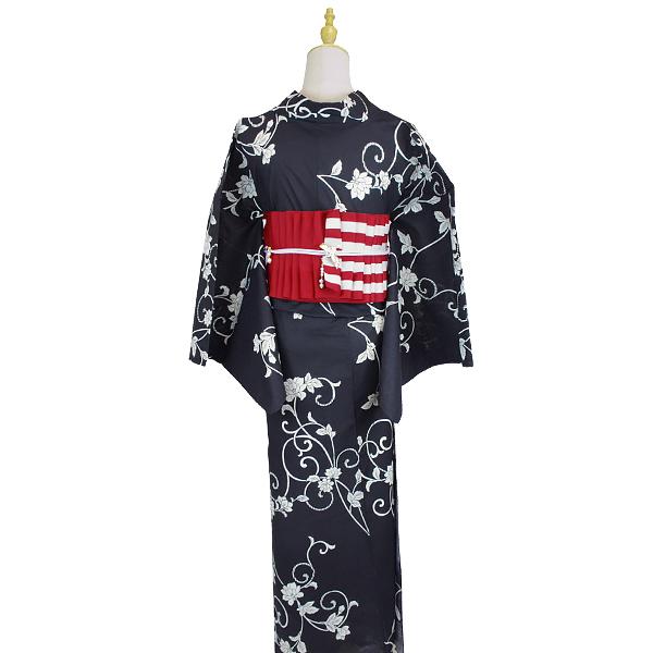 浴衣 セット レディース 2点 レトロ シック 粋 黒色地 古典柄 花柄