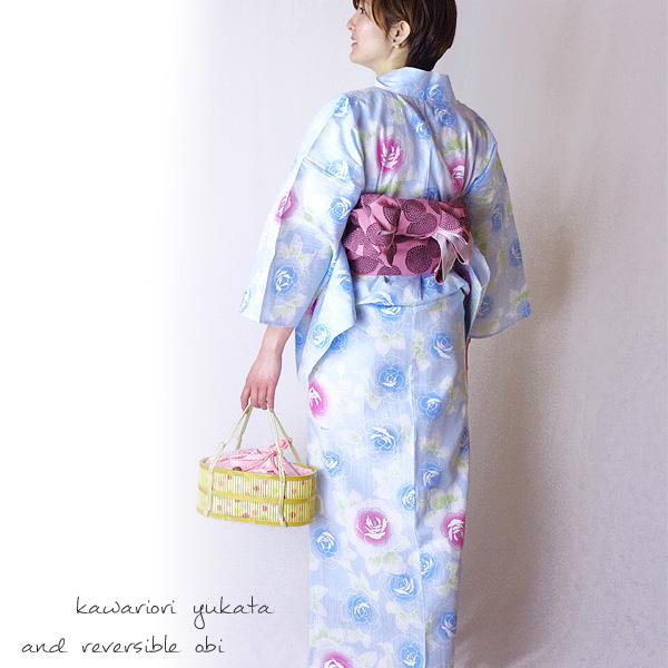 【新品】浴衣 水色 花柄 ラメ入り ゆったりサイズ 単品 浴衣 レディース 優しい水色地に青・黄緑・ピンク 薔薇 シルバーラメ