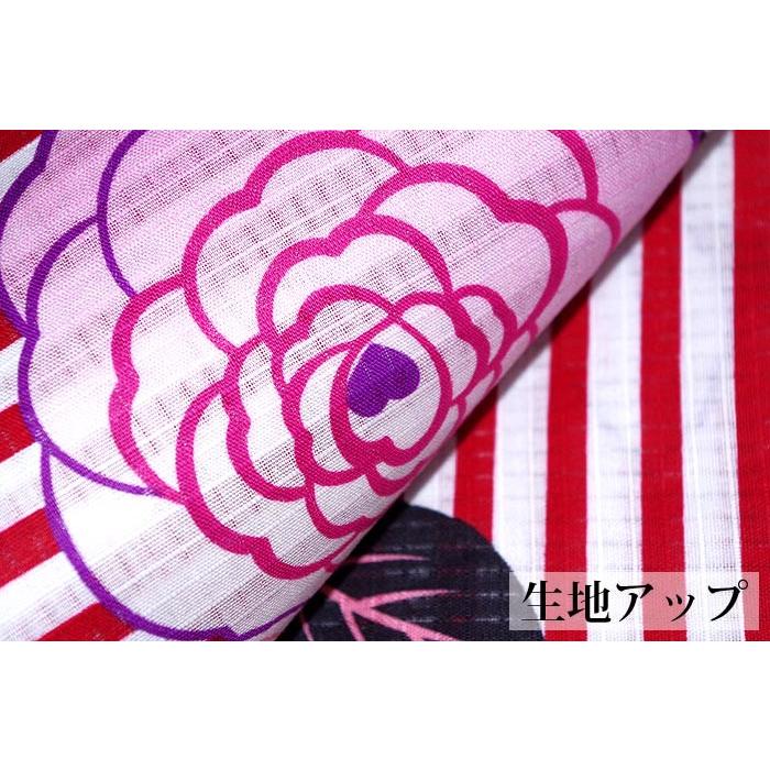 浴衣 レディース 白×赤 ストライプ ピンク色/紫色の薔薇 凛と華やぐ夏
