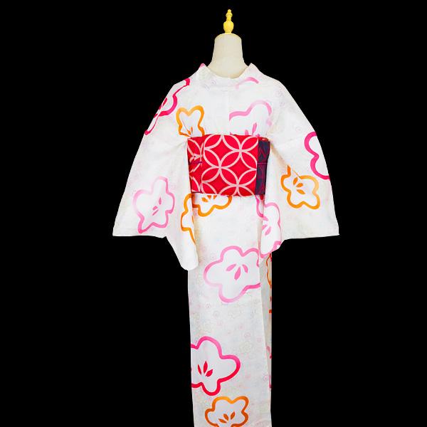 新品　婦人浴衣反物　小巾　耳あり　注染　紅梅地　綿　大花　ホットピンク　日本製 浴衣 レディース 白色地 ピンク・紫・水色の梅の小花 ピンク・橙の