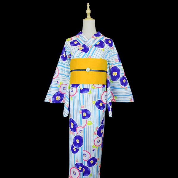 浴衣 レディース 白色×水色 縞 ピンク・青色・黄緑色の椿柄 元気