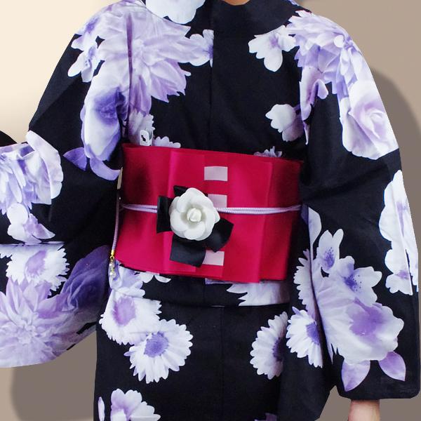 浴衣 レディース 黒地×モノクロ写真のような花柄 美しい和モダン