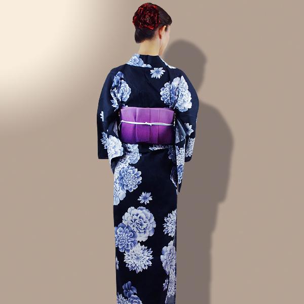 浴衣 レディース 紺色地/グレー モノクロ 花柄 薔薇 芍薬 ダリア 桔梗