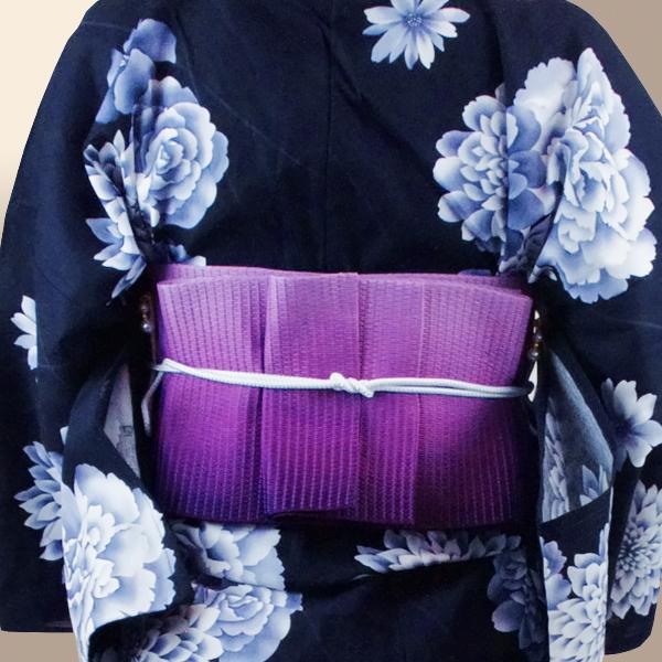 浴衣 レディース 紺色地/グレー モノクロ 花柄 薔薇 芍薬 ダリア 桔梗