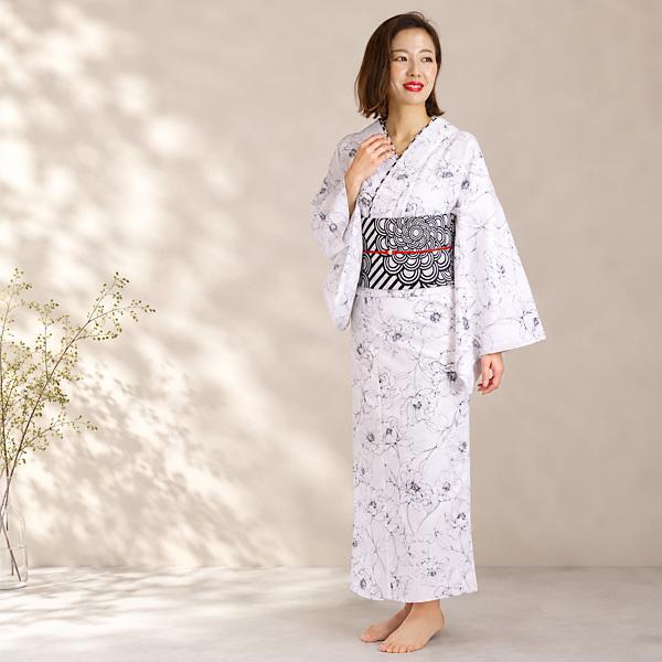 浴衣 単品 レディース ゆかた 白色地 モノトーン 芍薬 モダンレトロ