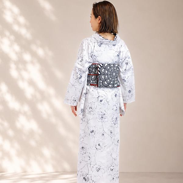 浴衣 単品 レディース ゆかた 白色地 モノトーン 芍薬 モダンレトロ