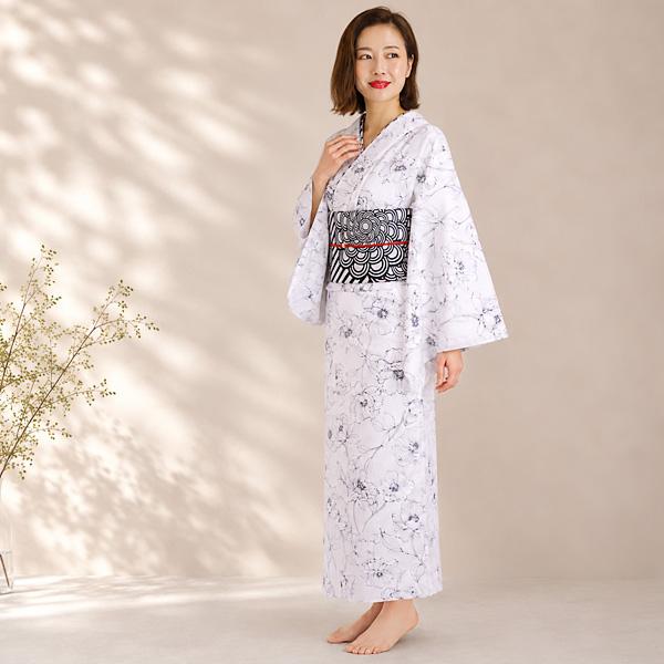 浴衣 単品 レディース ゆかた 白色地 モノトーン 芍薬 モダンレトロ