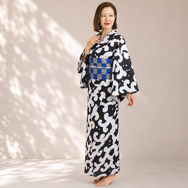 浴衣 単品 レディース ゆかた 黒色 波文様 ゴールドラメ モダン レトロ