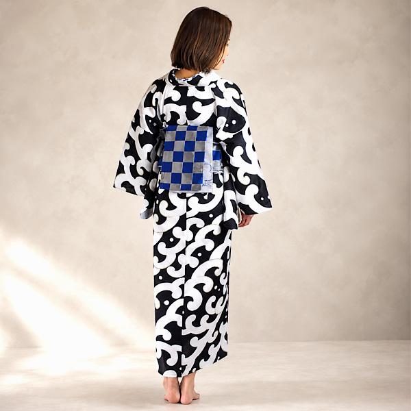 ■最高級波縞黒浴衣■着物着用可■涼し変わり織りゆかた■新品 浴衣 単品 レディース ゆかた 黒色 波文様 ゴールドラメ モダン レトロ
