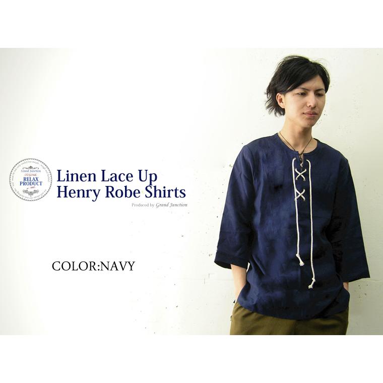 ヘンリーネック メンズ リネンレースアップヘンリーローブシャツ