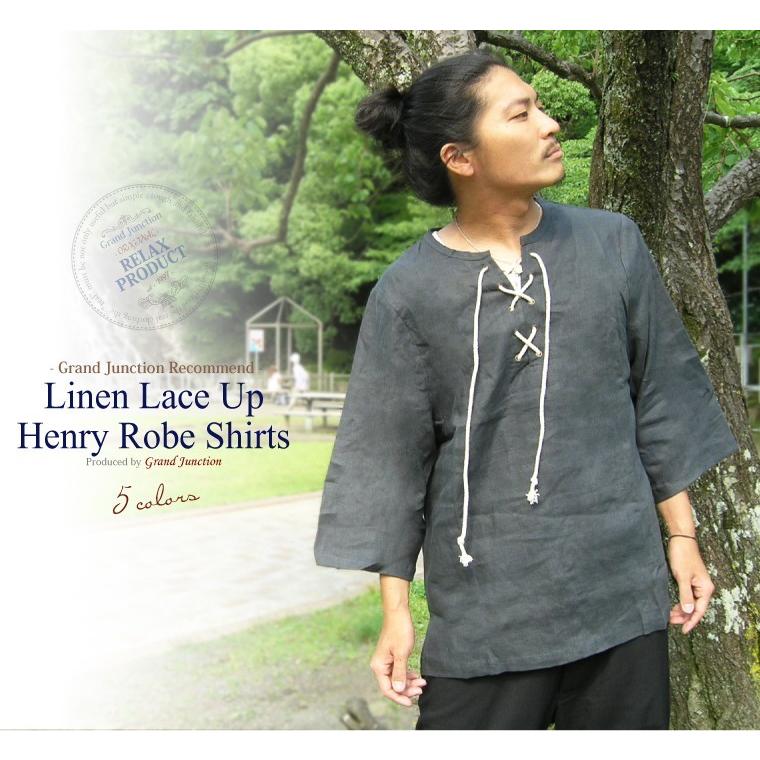 ヘンリーネック メンズ リネンレースアップヘンリーローブシャツ