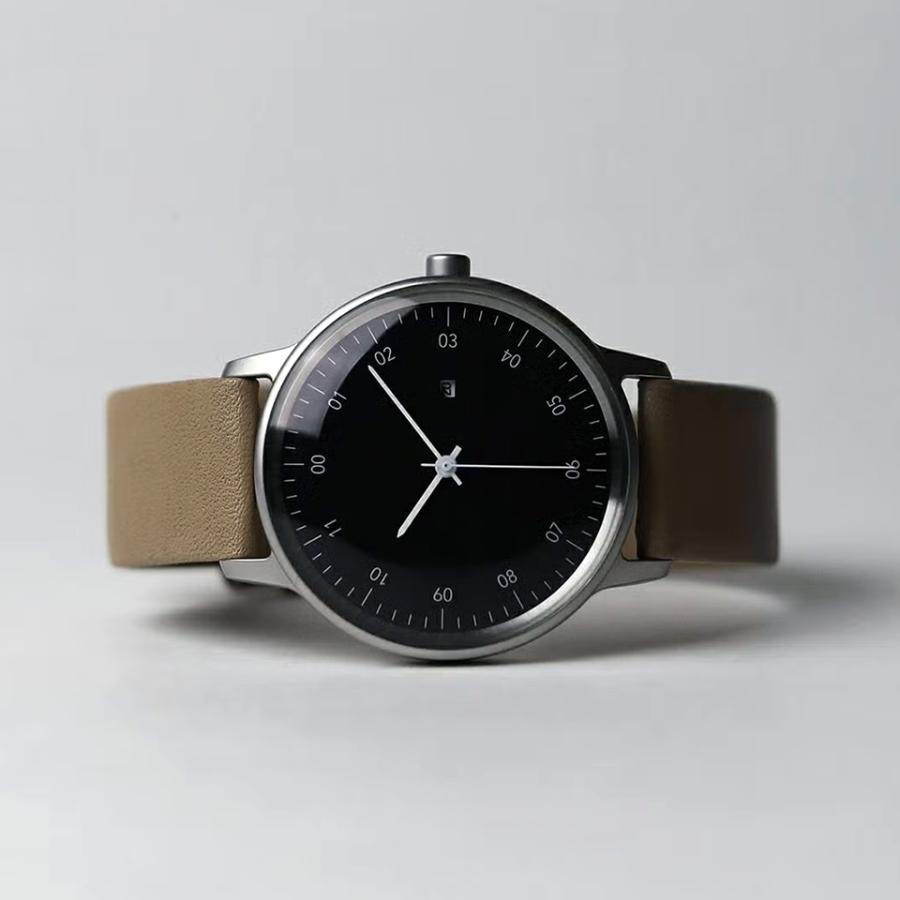 sazare さざれ SK01 腕時計 ユニセックス 38mm 日本製 ミニマル シンプル シルバー鏡面ケース / ブラック文字盤 / ベージュカウレザー / Ref. 01.02.00BEの画像