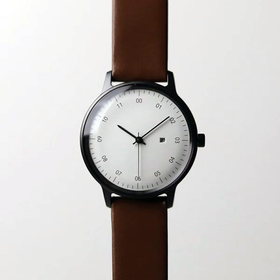 sazare さざれ SK01 腕時計 ユニセックス 38mm 日本製 ミニマル シンプル ブラック鏡面ケース / ホワイト文字盤 / ブラウンカウレザー / Ref. 01.04.00BRの画像