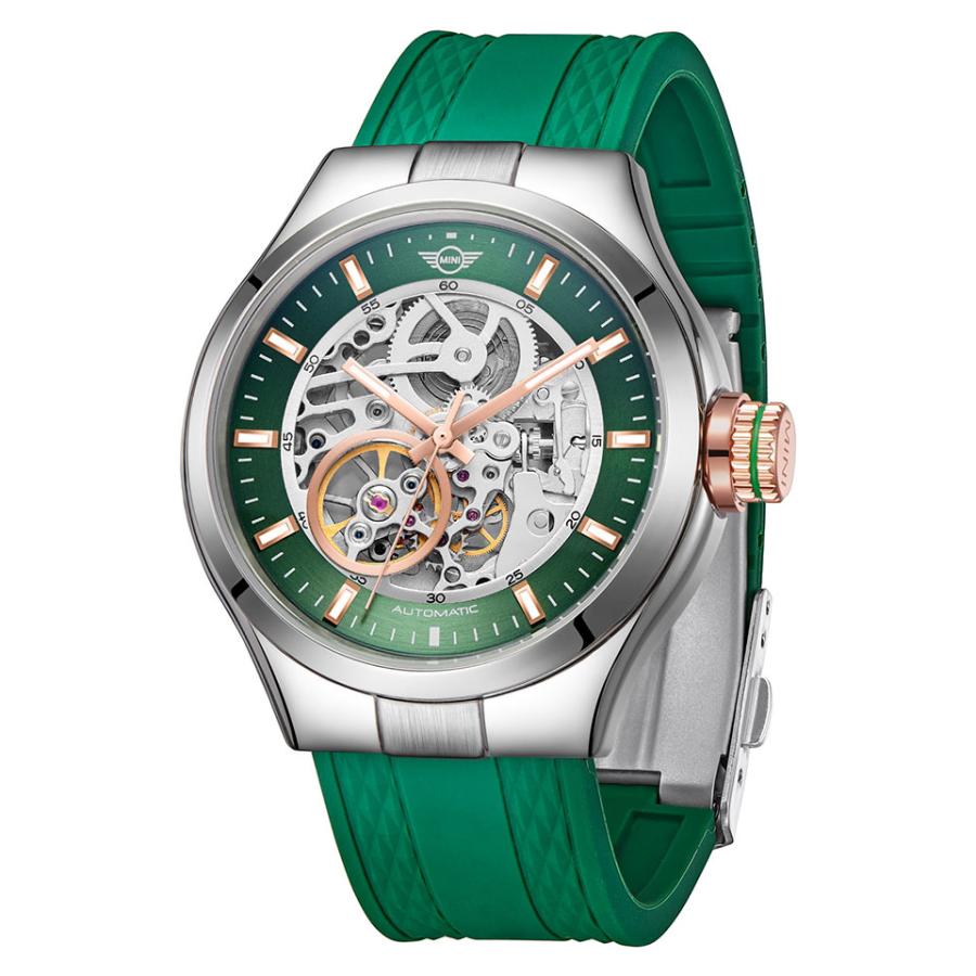 MINI AUTOMATIC WATCH ミニ オートマティックウォッチ 161802 グリーン 42mm メンズ腕時計 両面スケルトン 自動巻き シリコンラバー Dバックル ミニクーパー｜gl-branding｜02