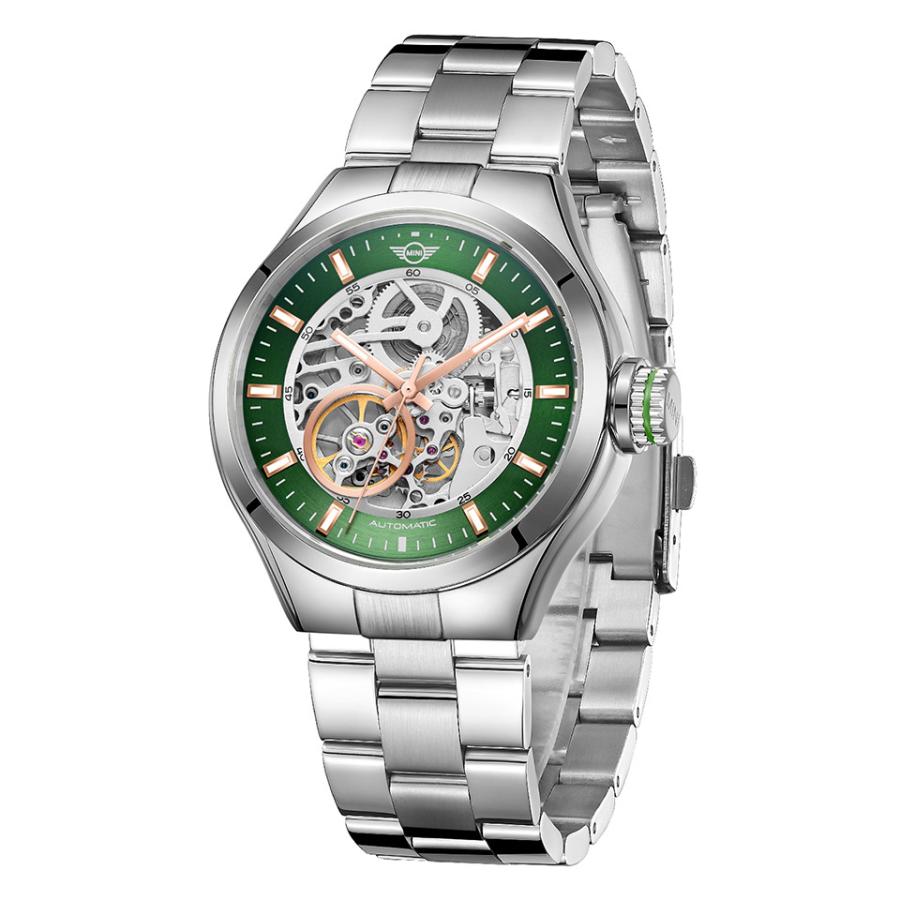 MINI AUTOMATIC WATCH 161802A グリーン 42mm メンズ腕時計 両面スケルトン SSブレスレット 自動巻き ミニ オートマティックウォッチ ミニクーパー｜gl-branding｜02