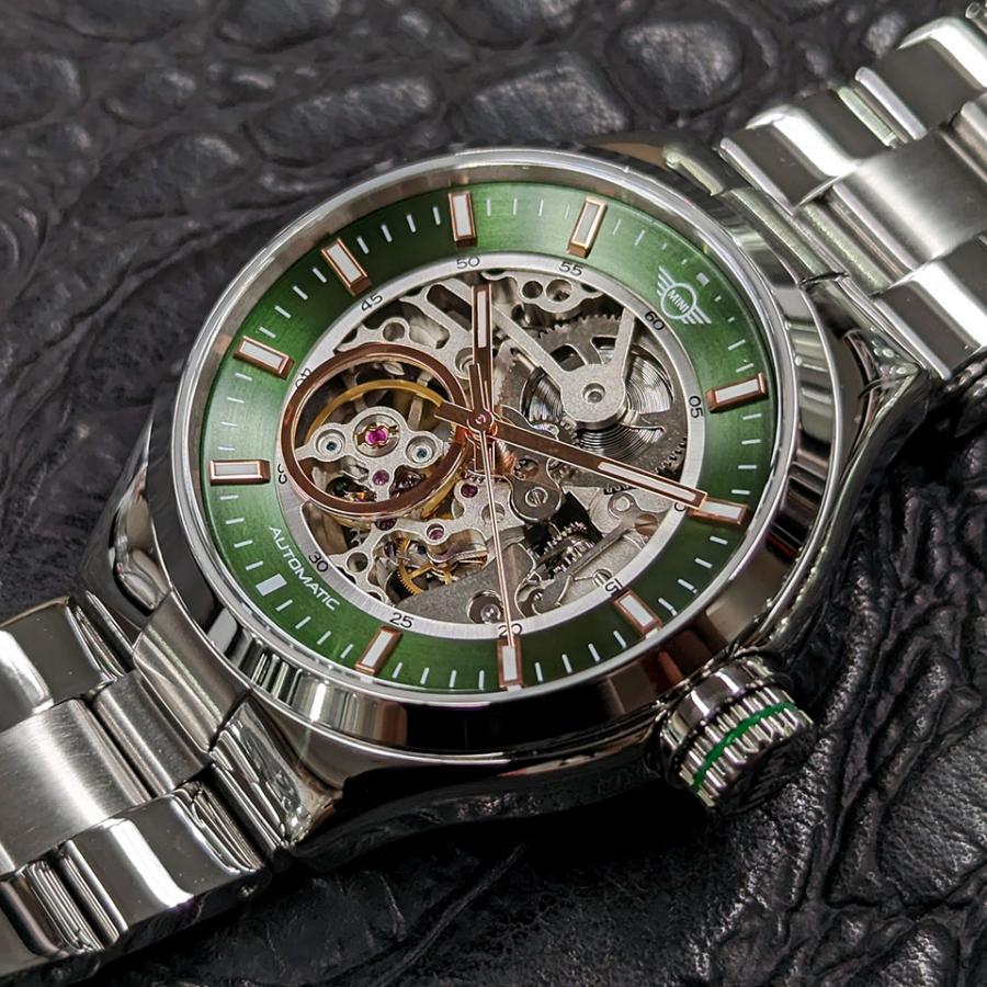 MINI AUTOMATIC WATCH 161802A グリーン 42mm メンズ腕時計 両面スケルトン SSブレスレット 自動巻き ミニ オートマティックウォッチ ミニクーパー｜gl-branding｜05