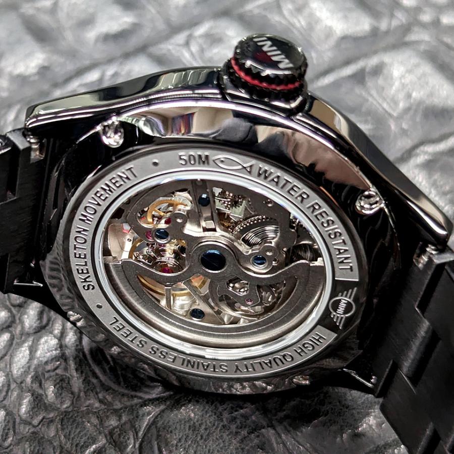 MINI AUTOMATIC WATCH 161809A ブラック/レッド 42mm メンズ腕時計 両面スケルトン SSブレスレット 自動巻き ミニ オートマティックウォッチ ミニクーパー｜gl-branding｜06