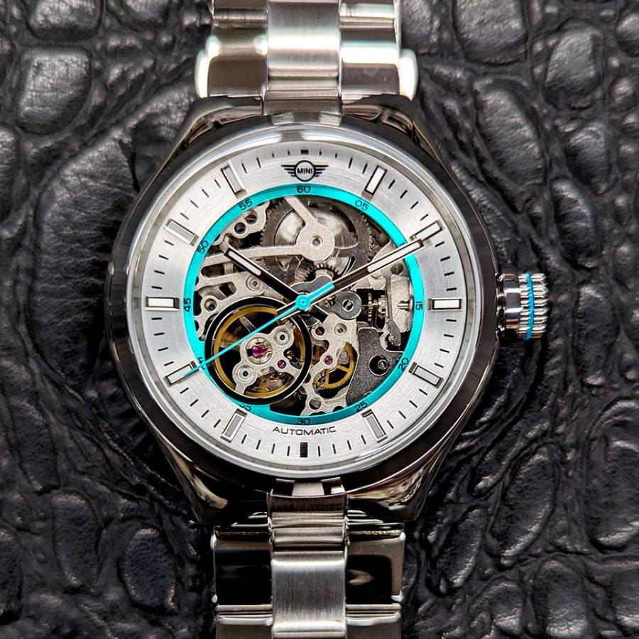 MINI AUTOMATIC WATCH 161823A シルバー/ライトブルー 42mm 機械式腕時計 両面スケルトン SSブレスレット 自動巻き ミニ オートマティックウォッチ ミニクーパー｜gl-branding｜04