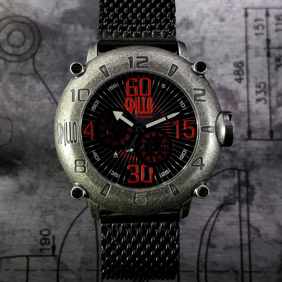 スピーロ メンズ腕時計 自動巻き SPILLO OUTLAW OLP4S-MK スティール レッドインデックス イタリア時計 ミラネーゼブレスレット 日本総代理店の画像