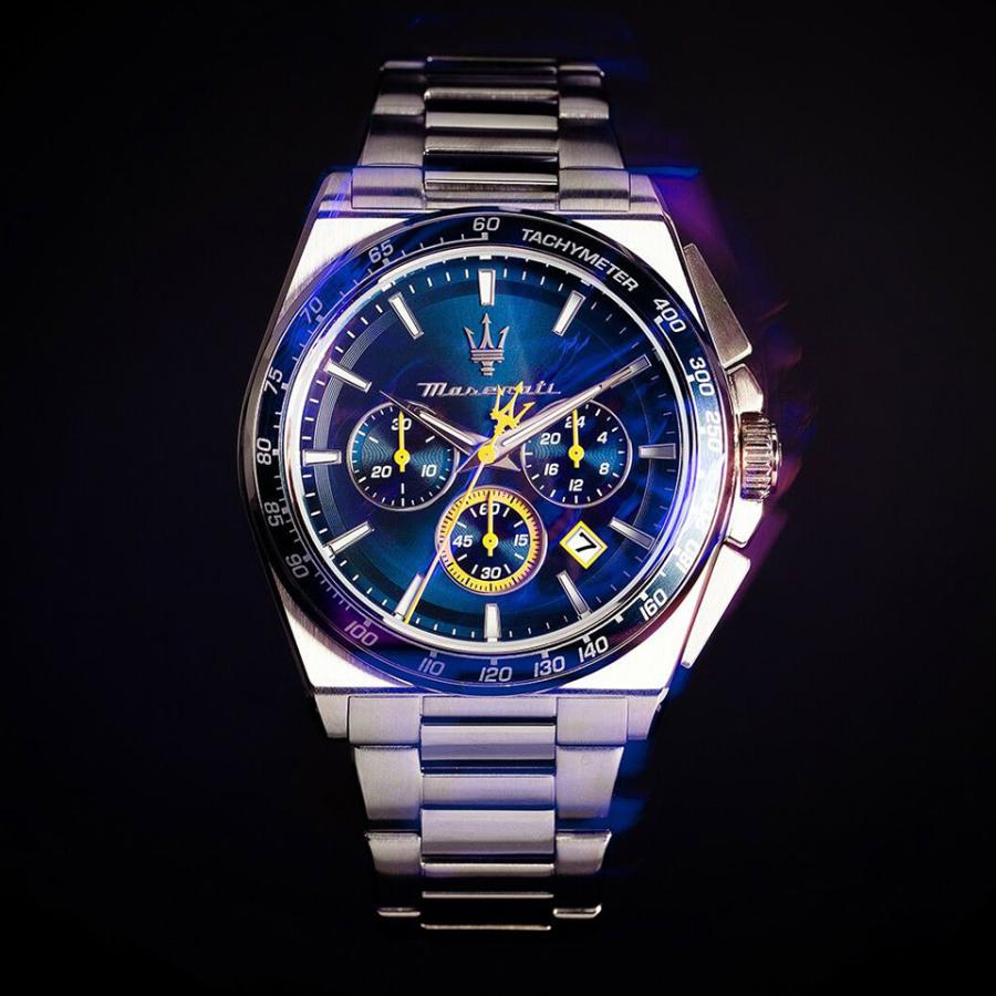 メンズ腕時計 マセラティ ウォッチ ベロチタ ブルー/シルバー クロノグラフ 43mm SSブレスレット + ブルーレザーベルト Maserati Watches VELOCITAの画像