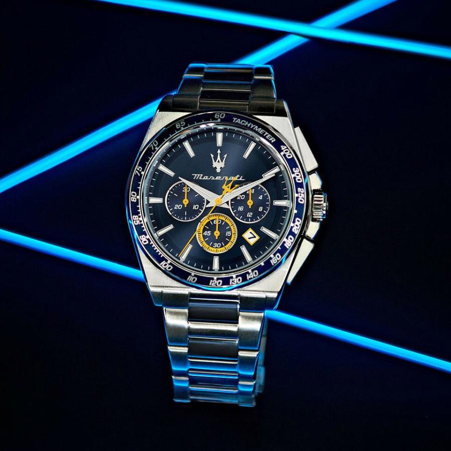 メンズ腕時計 マセラティ ウォッチ ベロチタ ブルー/シルバー クロノグラフ 43mm SSブレスレット + ブルーレザーベルト Maserati Watches VELOCITAの画像