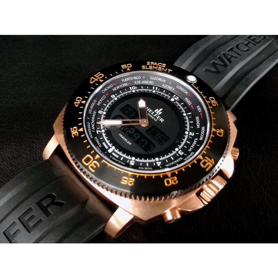 ヘルファー メンズ腕時計 HELFER SPACE ELEMENT GLOBE TRAVELER ローズゴールド / ブラック ワールドタイム デジアナ ビッグフェイス スイス時計 日本総代理店の画像