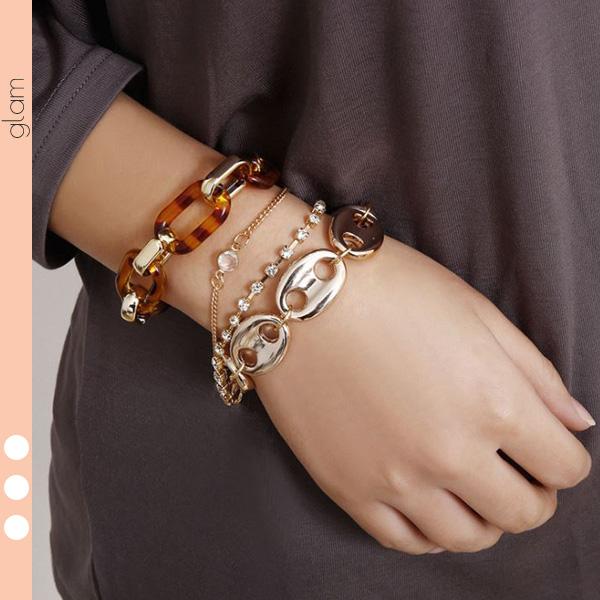 爆買 4本セット ブレスレット チェーン アクリル べっ甲　一粒ストーン ラインストーン カジュアル レディース おしゃれ かわいい大人 女性 ゴールド | gulamu jewelry