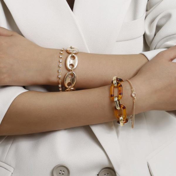 爆買 4本セット ブレスレット チェーン アクリル べっ甲　一粒ストーン ラインストーン カジュアル レディース おしゃれ かわいい大人 女性 ゴールド | gulamu jewelry | 01