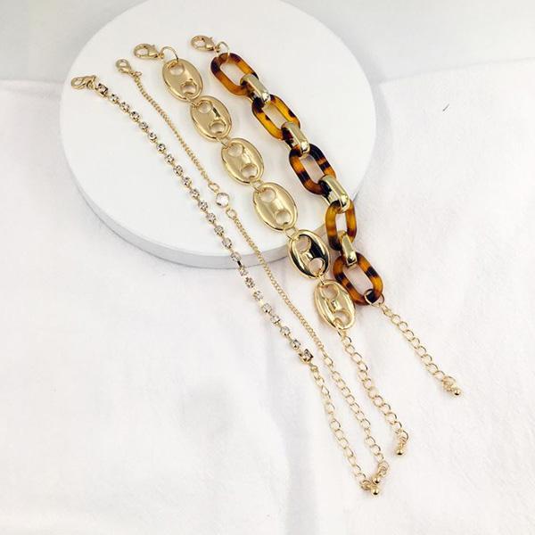 爆買 4本セット ブレスレット チェーン アクリル べっ甲　一粒ストーン ラインストーン カジュアル レディース おしゃれ かわいい大人 女性 ゴールド | gulamu jewelry | 04
