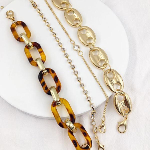 爆買 4本セット ブレスレット チェーン アクリル べっ甲　一粒ストーン ラインストーン カジュアル レディース おしゃれ かわいい大人 女性 ゴールド | gulamu jewelry | 05