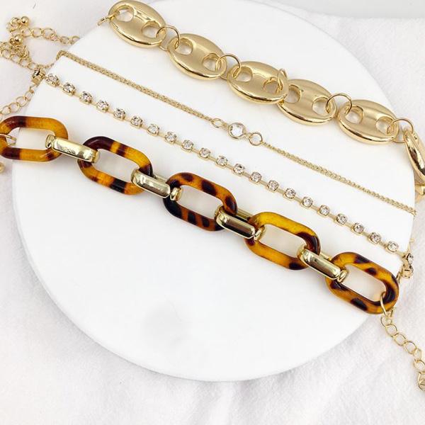 爆買 4本セット ブレスレット チェーン アクリル べっ甲　一粒ストーン ラインストーン カジュアル レディース おしゃれ かわいい大人 女性 ゴールド | gulamu jewelry | 06