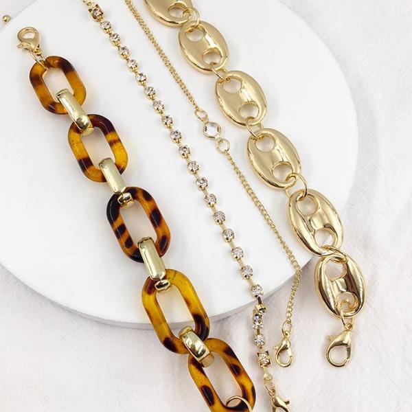 爆買 4本セット ブレスレット チェーン アクリル べっ甲　一粒ストーン ラインストーン カジュアル レディース おしゃれ かわいい大人 女性 ゴールド | gulamu jewelry | 07