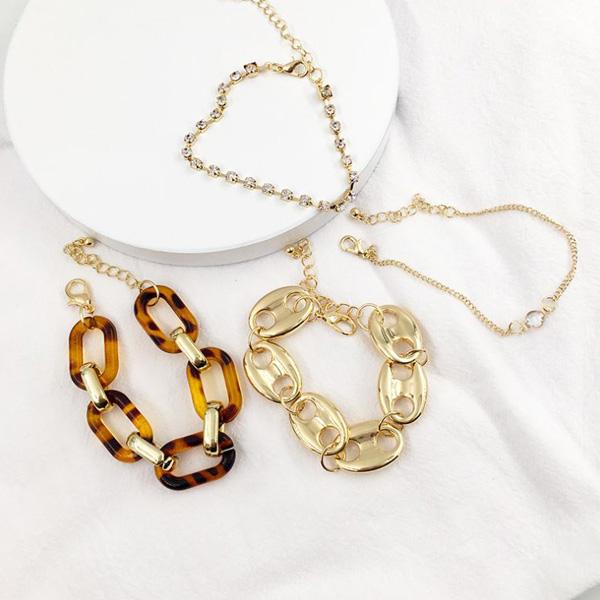 爆買 4本セット ブレスレット チェーン アクリル べっ甲　一粒ストーン ラインストーン カジュアル レディース おしゃれ かわいい大人 女性 ゴールド | gulamu jewelry | 08