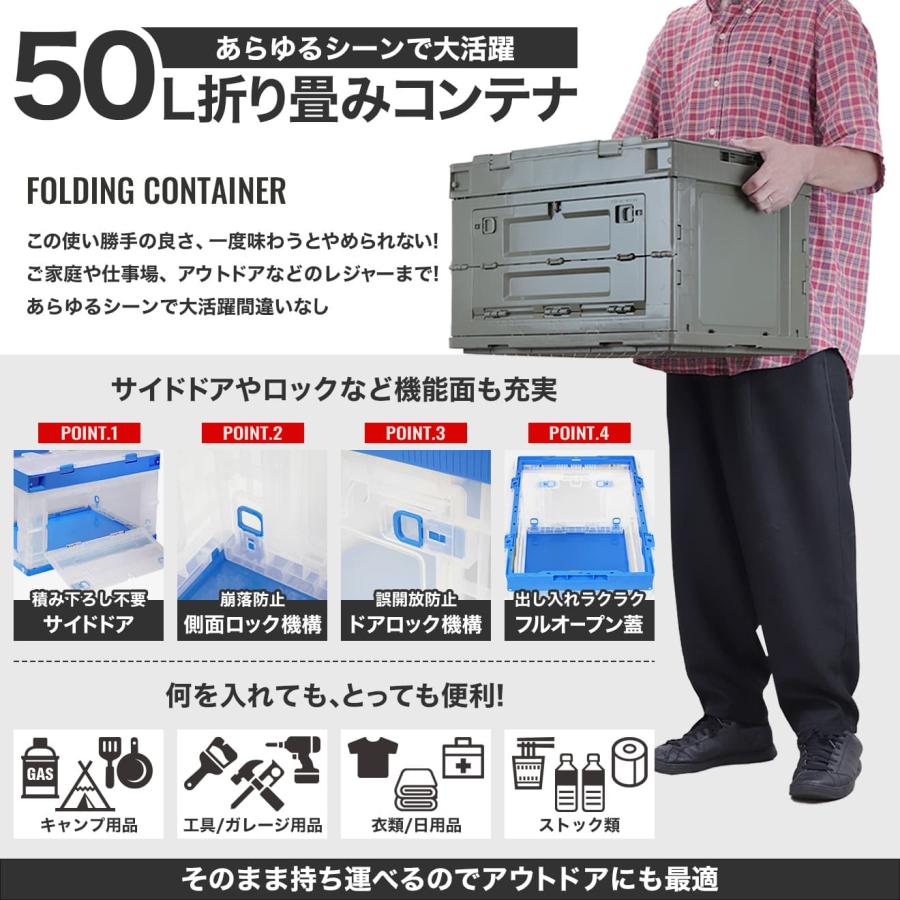 FDC0001 折り畳みコンテナ 50L 中窓2箇所付(長辺1＆短辺1) クリア