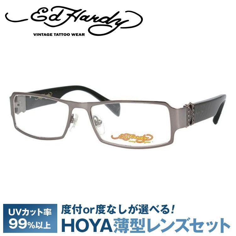 訳あり エドハーディー フレーム 伊達 度付き 度入り メガネ 眼鏡 EdHardy EHOA008 4 GUN ガンメタル スクエア メンズ レディース プレゼント ギフト