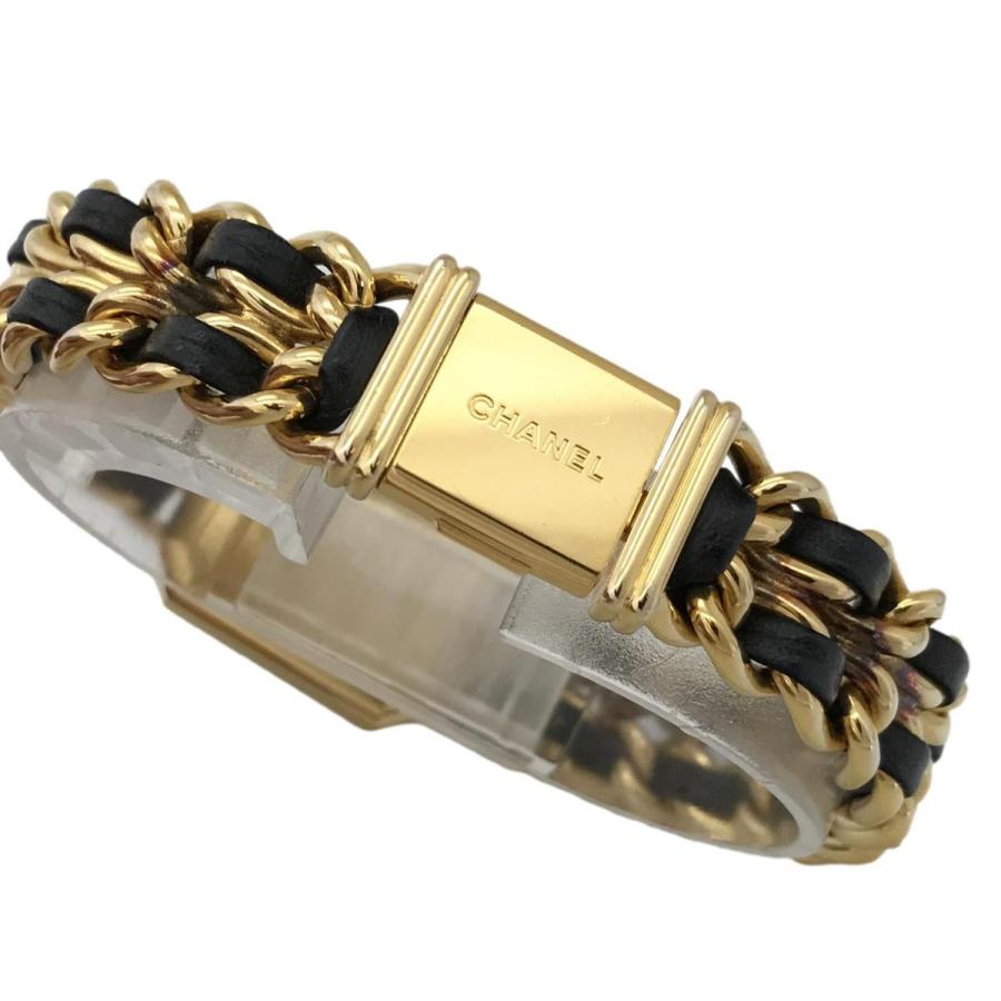 105【美品】CHANEL時計　プルミエールL 黒文字盤×GPレザー　レディース シャネル プルミエール L H0001 ブラック レディース 時計 【中古