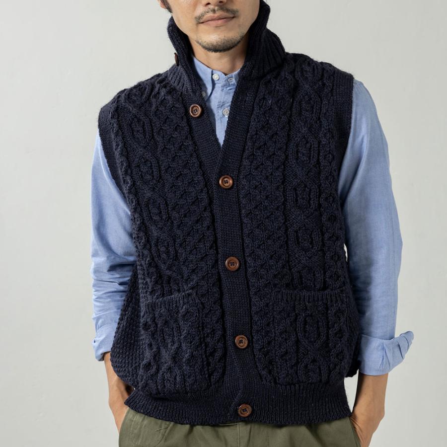 英国製 メンズ ケーブル編み ハイネック ベスト ウール 秋冬 前開き
