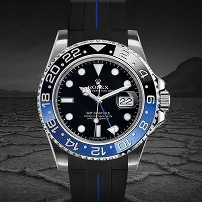 ラバーＢ（RUBBERB）ロレックス GMTマスターIIセラミック専用ラバーベルト ブラック×ブルー ROLEXバックル使用  時計/バックルは付属しません