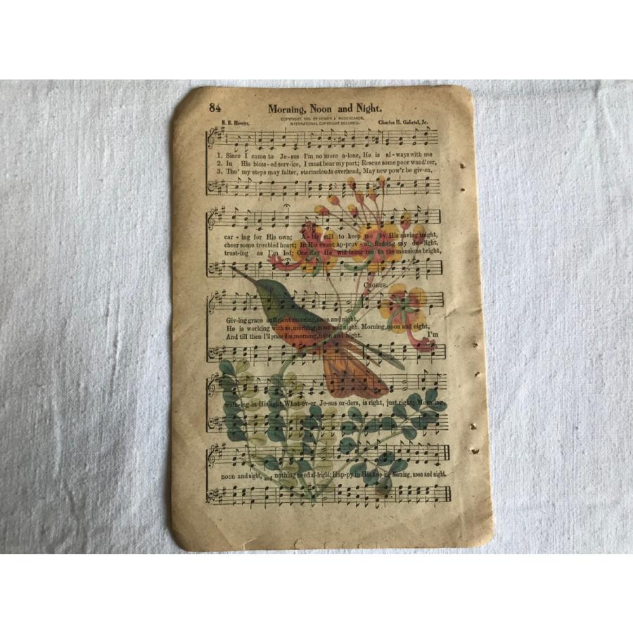 ボタニカルアート・楽譜プリント R 『ハミングバード2』・ビンテージ楽譜に植物などレトロな図案が印刷されたオリジナルアート フレーム付｜glitter-antiques｜02