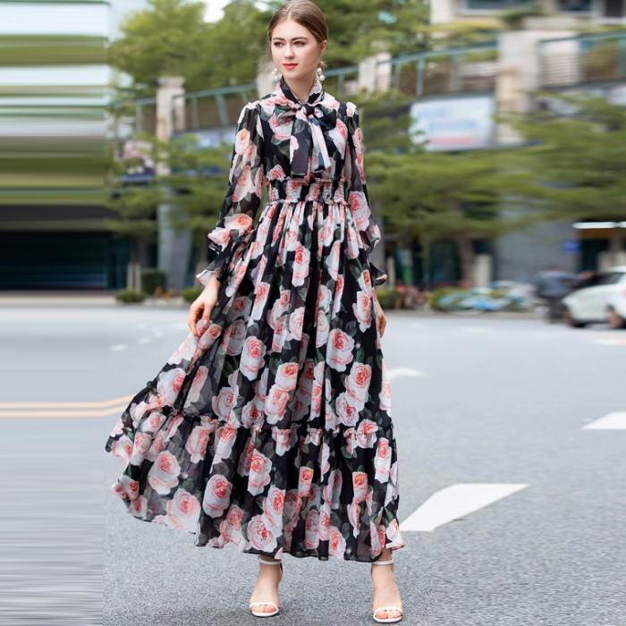 宅送 ワンピース 薔薇柄シフォンフリルシャーリングリボン長袖付きふんわりaラインロングワンピース ブラック 黒 ピンク お嬢様 大人 受賞店舗 Studiostodulky Cz