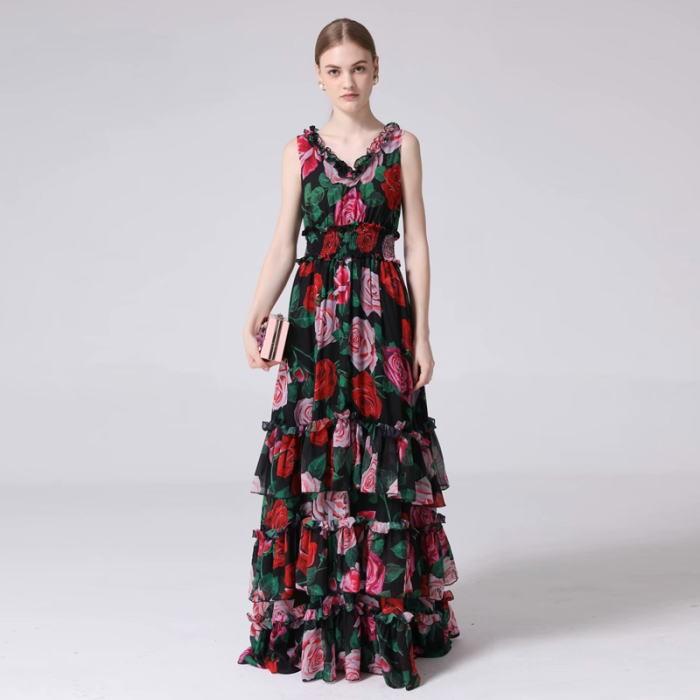 人気ブランドを ワンピース 薔薇柄シフォンフリルvネックノースリーブふんわりaラインロングワンピース ブラック 黒 ピンク レッド 赤 お嬢様 大人 即納特典付き Studiostodulky Cz